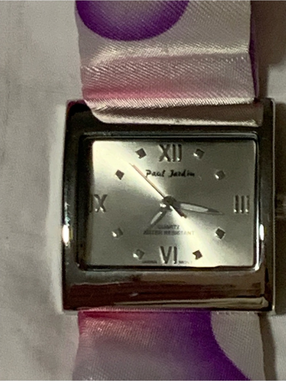 Paul Jardin Silver-Tone Square Watch with Pink and Purple Satin Ribbon Strap